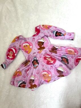 Holiday Pink Princess Twirl Dress w/ Puff Long Sleeves & Glittery Tulle Overlay